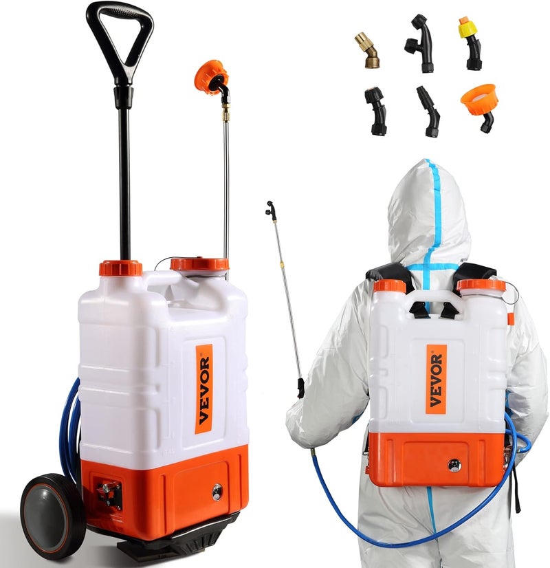 VEVOR 4 Gallon Battery Powered Backpack Sprayer with Wheeled Cart, Adjustable 0-94 PSI, 13FT Hose, 6 Nozzles, 2 Wands Included, Wide Mouth Lid for Weeding, Cleaning, Long Spray Time, White+Orange - Image 1
